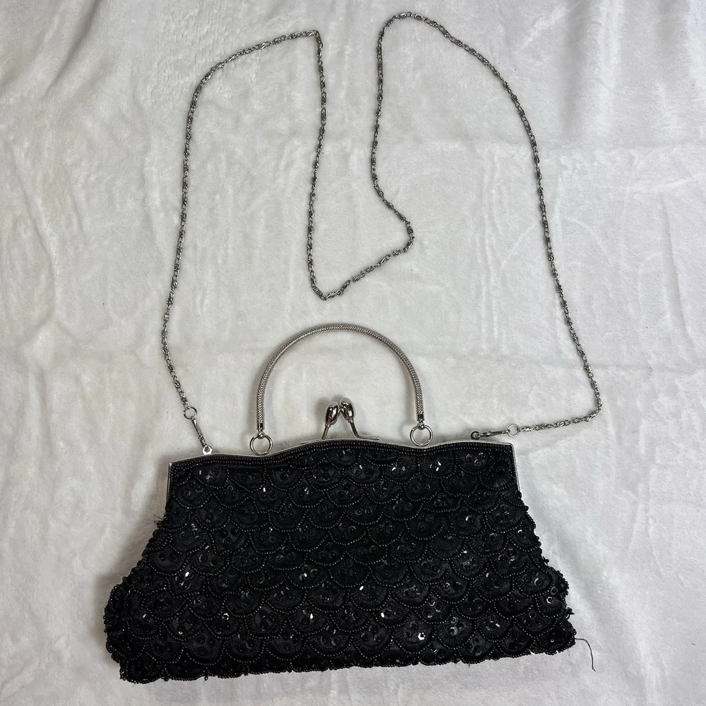 Vintage MG Collection Black Beaded Evening Bag Kisslock Chain Clutch Purse